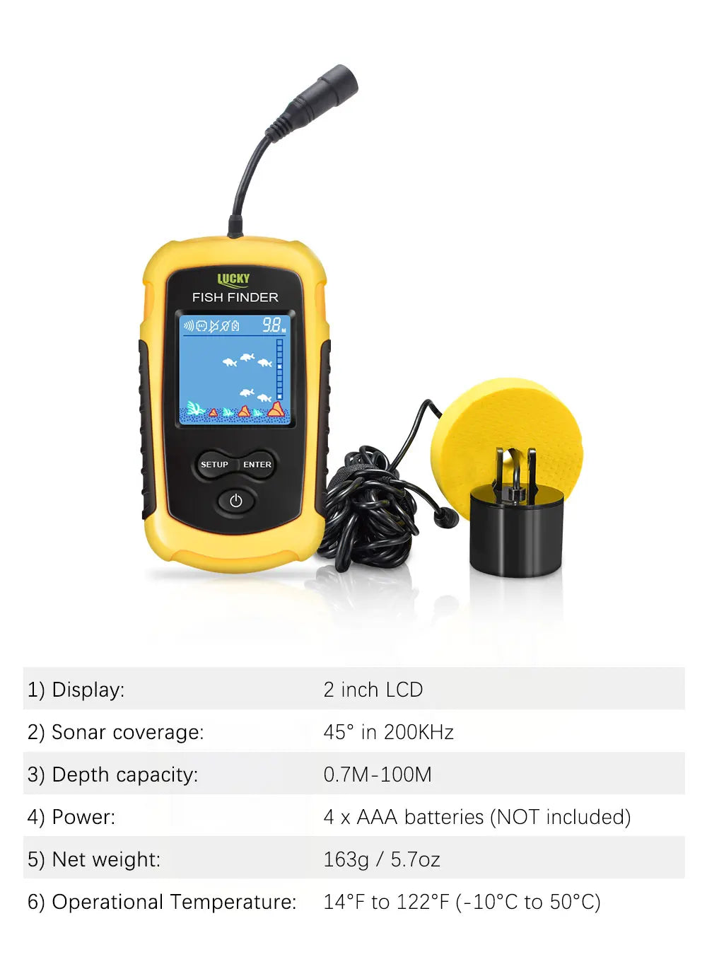 LuckyLaker Portable Sonar Fish Finder - 100m Depth